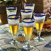 Beer glasses, 'Cobalt Classics' (set of 6) - Artisan Crafted Recycled Handblown Blue Rim Beer Glasses