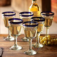 Chardonnay wine glasses, 'Cobalt Classics' (set of 6) - Hand Blown Wine Glasses Set of 6 Blue Rim Goblets Mexico