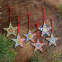 Ceramic ornaments, 'Christmas Star' (set of 6) - Artisan Crafted Ceramic Christmas Ornaments (Set of 6)