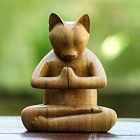 Wood sculpture, 'Mindful Cat' - Carved Suar Wood Sculpture