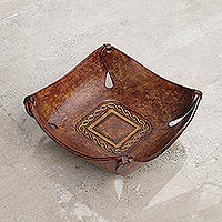 Leather catchall, 'Brown Lasso' - Artisan Crafted Leather Square Catchall from the Andes