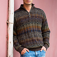 Men's 100% alpaca sweater, 'Traveler' - Peruvian 100% Alpaca Men's Sweater with Zipper