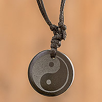 Jade cross necklace, 'Yin Yang' - Jade Yin Yang on Black Cotton Necklace Crafted by Hand