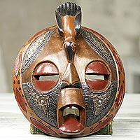 African wood mask, 'Bird of Happiness' - Circular Hand Crafted and Painted West African Mask