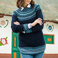 Art knit alpaca sweater, 'Playful Navy Blue' - Navy Blue 100% Alpaca Pullover Patterned Peruvian Sweater