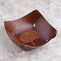 Leather catchall, 'Tree of Life' - Tree of Life Artisan Crafted Tooled Leather Catchall