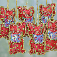 Curated gift set, 'Cat's Meow' - Curated Gift Set with 16 Hand-Embroidered Cat Ornaments