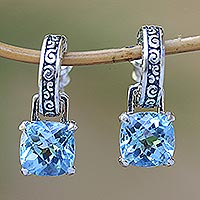 Blue topaz dangle earrings, 'Buddha Hoops' - Blue Topaz and Sterling Silver Dangle Earrings from Bali