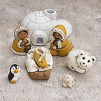 Ceramic nativity scene, 'Inuit Family' (8 pieces) - Inuit-Themed Ceramic Nativity Scene from Peru (8 Pcs)