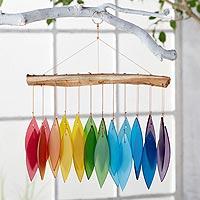 Glass windchime, 'Rainbow Dreams' - Indonesian Rainbow Glass and Driftwood Windchime