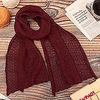 100% baby alpaca scarf, 'Gossamer Wine' - Textured 100% Baby Alpaca Wrap Scarf in Wine from Peru