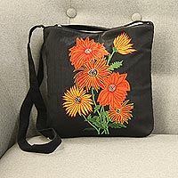 Cotton blend sling, 'Vibrant Blossom' - Embroidered Floral Sling Handbag from India