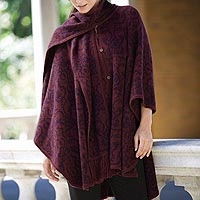 Reversible alpaca blend ruana, 'Peruvian Wildflower in Red' - Alpaca Blend Wine and Purple Ruana with Scarf