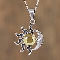 Amber pendant necklace, 'Honey Eclipse' - Sun and Moon Amber Pendant Necklace from Mexico