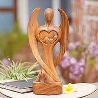 Wood sculpture, 'Baby Guardian' - Hand-Carved Suar Wood Baby Guardian Angel Sculpture