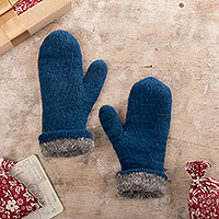 100% alpaca reversible mittens, 'Striking Contrast in Azure' - 100% Alpaca Mittens in Azure and Grey from Peru