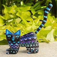 Wood alebrije figurine, 'Nocturnal Cat' - Hand-Painted Wood Alebrije Cat Figurine from Mexico