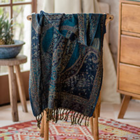 Jamawar wool shawl, 'Himalayan Heirloom in Teal' - Handwoven Jamawar Wool Shawl in Teal from India