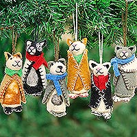 Wool ornaments, 'Cozy Kittens' (set of 6) - Embroidered Wool Cat Ornaments from India (Set of 6)