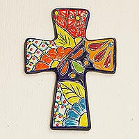 Ceramic wall cross, 'Spanish Faith' - Talavera-Style Ceramic Wall Cross from Mexico