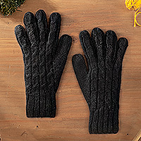 100% alpaca gloves, 'Winter Delight in Black' - 100% Alpaca Knit Gloves in Black from Peru