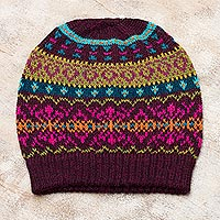 100% alpaca knit hat, 'Colorful Carousel' - Multi-Color 100% Alpaca Knit Hat with Rows of Varying Motifs