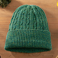 100% alpaca knit hat, 'Comfy in Teal' - Teal 100% Alpaca Cable Pattern Soft Knit Hat From Peru