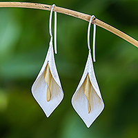 Gold accented drop earrings, 'Serene Lily' - Floral Theme Handmade Gold Accented Sterling Silver Earrings