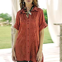 Embroidered cotton long shirt, 'Terracotta Chic' - Embroidered Floral Terracotta Cotton Shirt