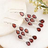 Garnet chandelier earrings, 'Garnet Cascade' - Sterling Silver and Garnet Chandelier Earrings