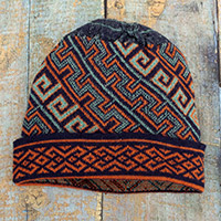 100% baby alpaca knit hat, 'Andean Style' - Unisex 100% Baby Alpaca Knit Hat in Aqua and Orange