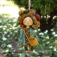 Papier mache ornament, 'Dreamy Yarns' - Hand-Painted Papier Mache Ornament of Girl and Yarns