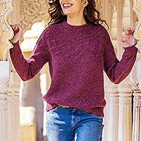 Alpaca blend pullover sweater, 'Raspberry Revel' - Raspberr Alpaca Blend Pullover Sweater with Aran Knit Motifs