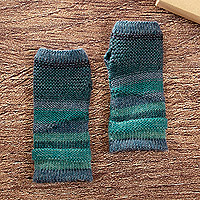 100% alpaca fingerless mittens, 'Blue Textured Landscape' - 100% Alpaca Blue and Teal Knit Fingerless Mittens from Peru