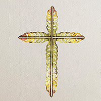 Steel wall art, 'Vibrant Cross' - Hand-Painted Crackled Openwork Green Steel Cross Wall Art