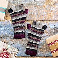 Baby alpaca fingerless gloves, 'Plum Colorful Life' - Knit Purple Black Grey 100% Baby Alpaca Fingerless Gloves