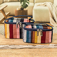 Cotton cosmetic bags, 'Earthy Style' (pair) - Pair of Colorful Striped Handwoven Cotton Cosmetic Bags