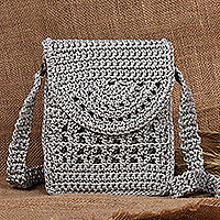 Crocheted sling bag, 'Crossbody Luxe' - Crocheted Small Sling Crossbody Bag in Grey Hue from Armenia