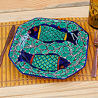 Ceramic platter, 'Fish Fiesta' (large) - Hand-Painted Talavera Style Ceramic Platter with Fish Motif