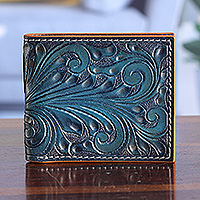 Men's leather wallet, 'Gallant Nature' - Men's Handmade Baroque Vine-Patterned Leather Wallet in Teal