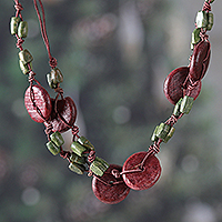 Wood beaded long necklace, 'Distinguished Fusion' - Artisan-Made Wood Beaded Long Necklace in Burgundy and Green