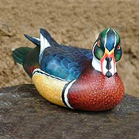 Wood statuette, 'Carolina Wood Duck' - Artisan Crafted Albesia Wood Carolina Duck Carving Statuette